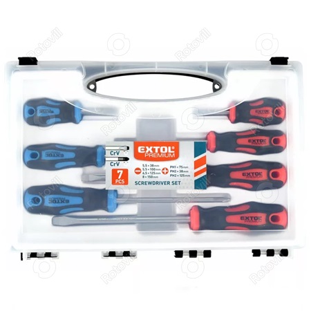 CSAVARHÚZÓ KÉSZLET EXTOL PREMIUM  7db-os (lapos: 5,5×38, 5,5×100, 6,5×125mm és 8×150mm, PH1×75, PH2×38 és PH2×125)